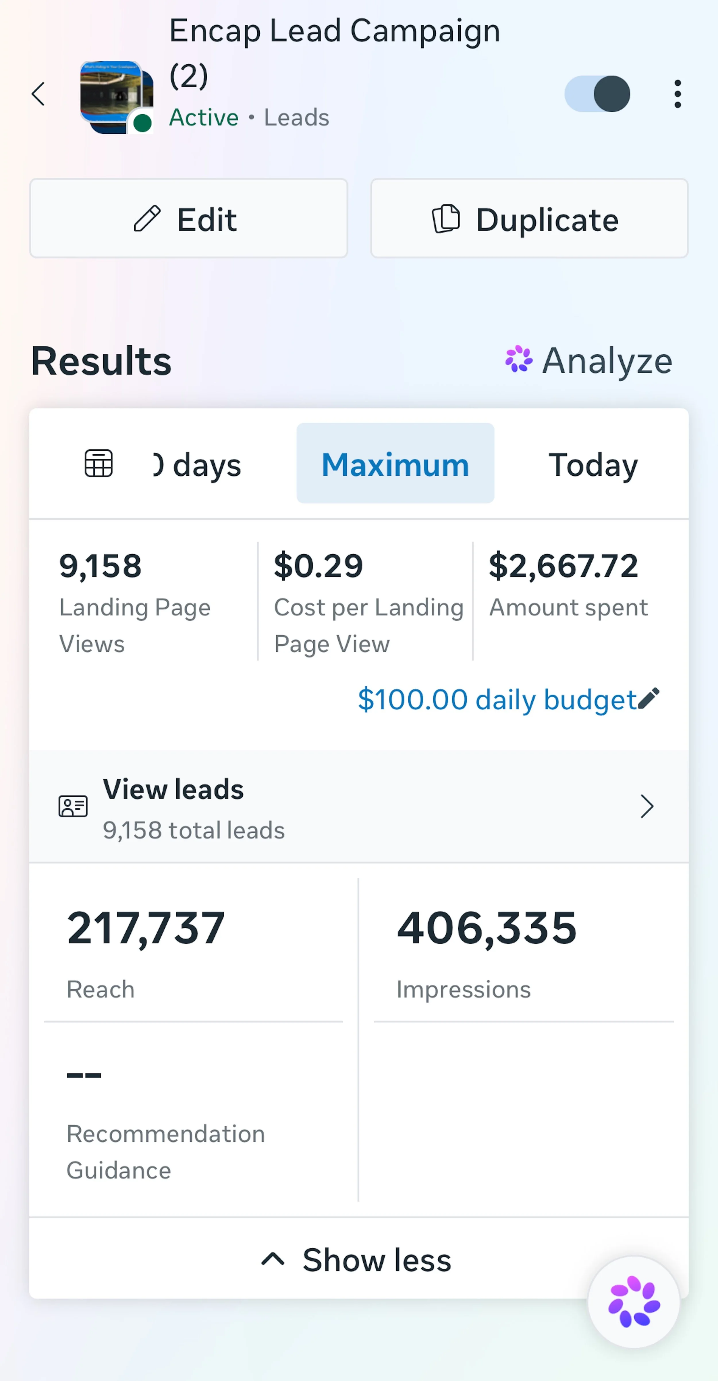 Advertising campaign results showing landing page views, lead volume, reach, impressions, cost per landing page view, and amount spent