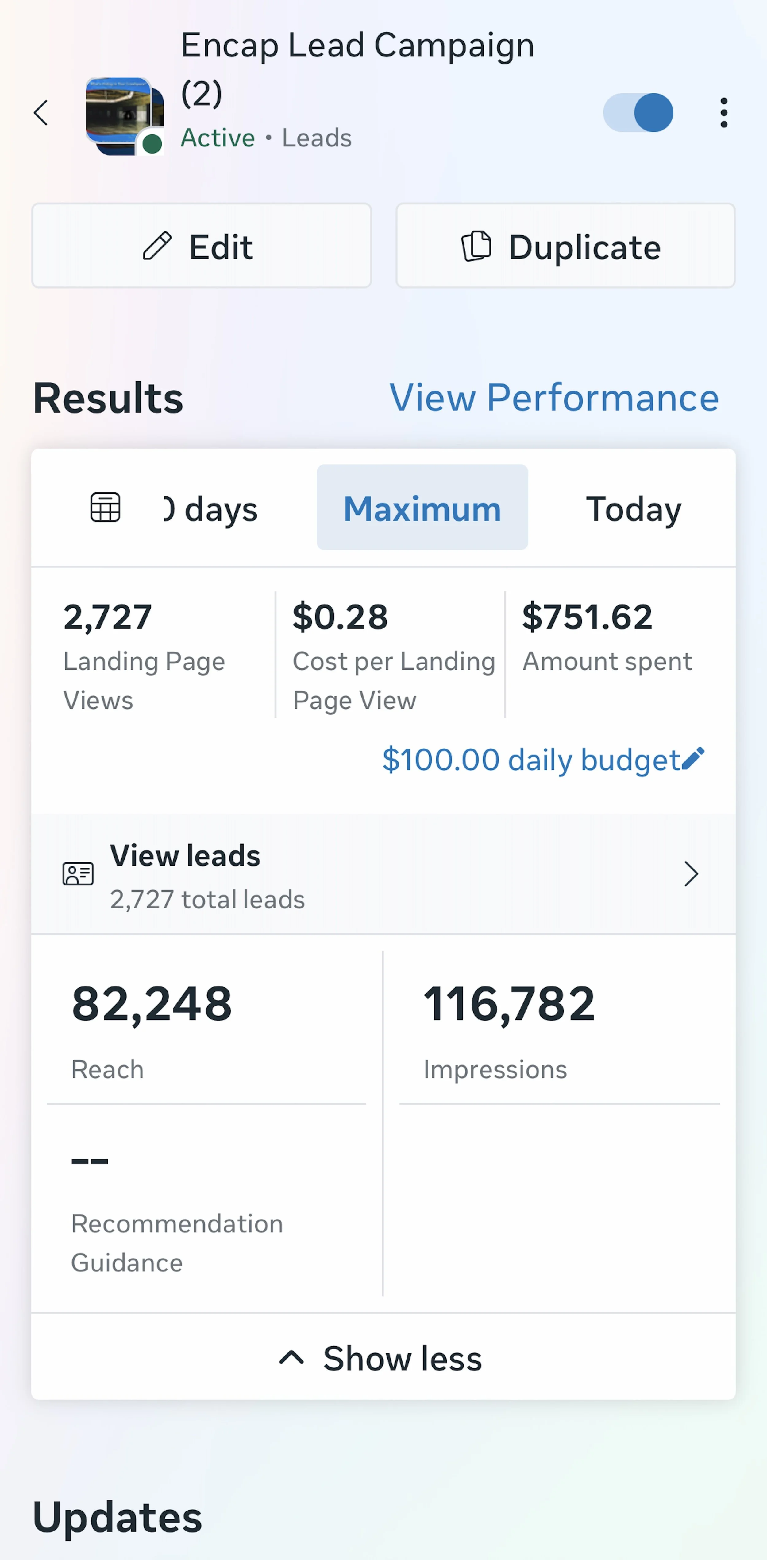Lead generation campaign results showing viral landing page views, reach, impressions, and ad spend for crawlspace campaign