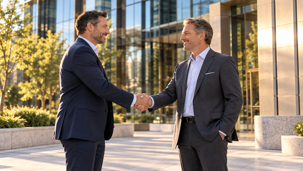 Two business professionals shaking hands outside a modern office building