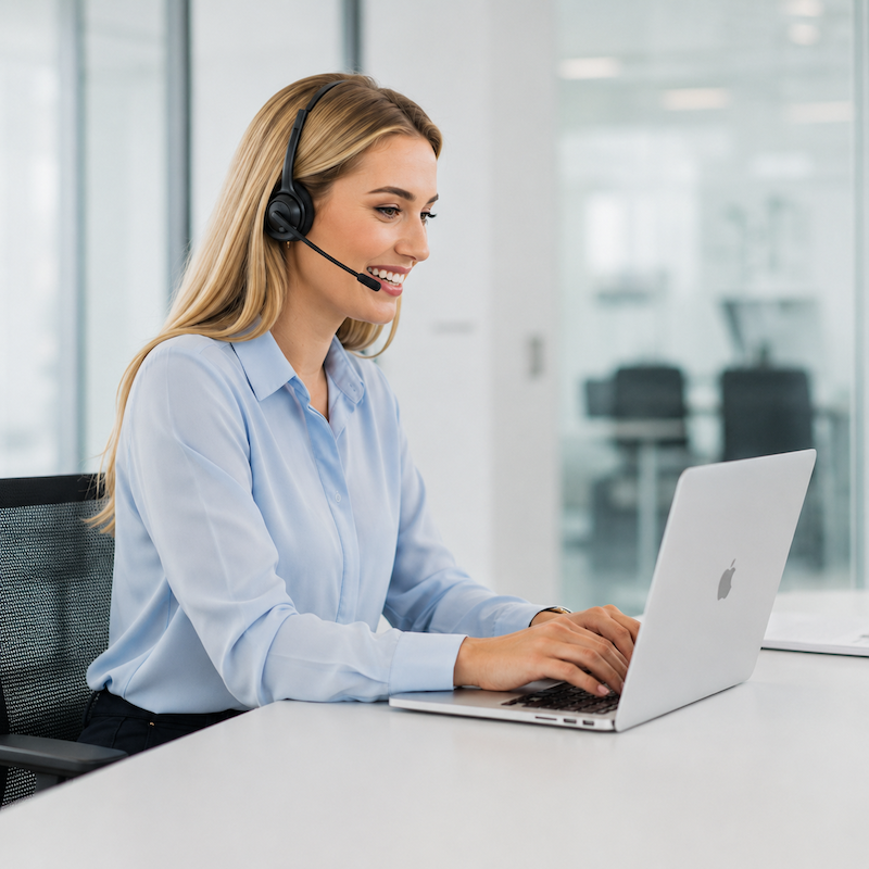 Driscoll Media Group B2B cold-calling representative wearing a headset and working from a laptop