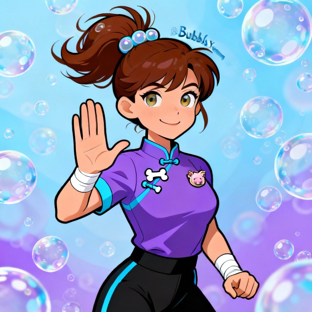 A cartoon girl with brown hair in a ponytail, wearing a purple martial arts uniform with dog-themed pins, making a fighting stance against a blue background with floating bubbles.