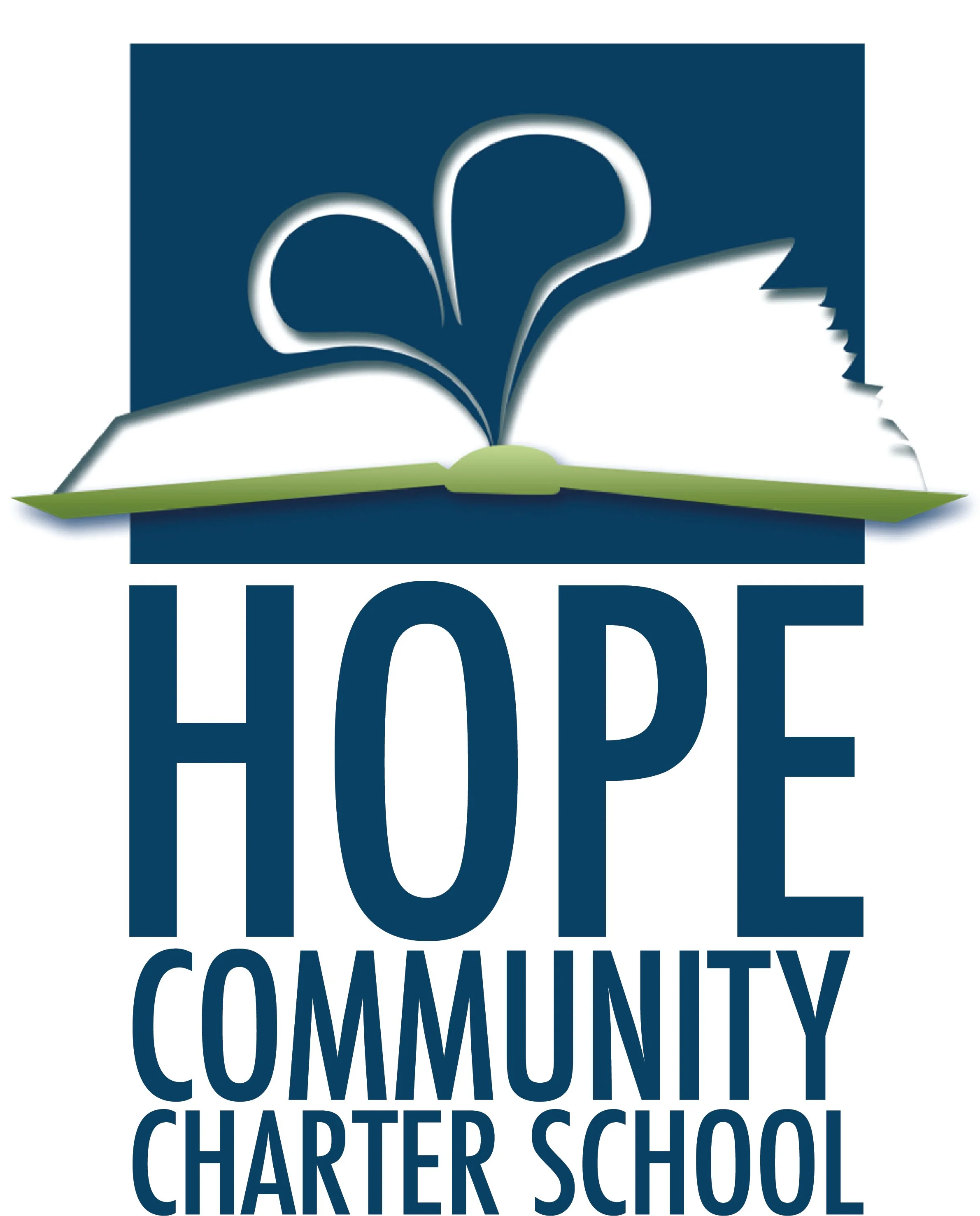 Logo of a school or organization featuring an open book with a plant or sprout emerging from the pages, set against a dark blue background with the words 'HOP' and 'Community Charter School' below.