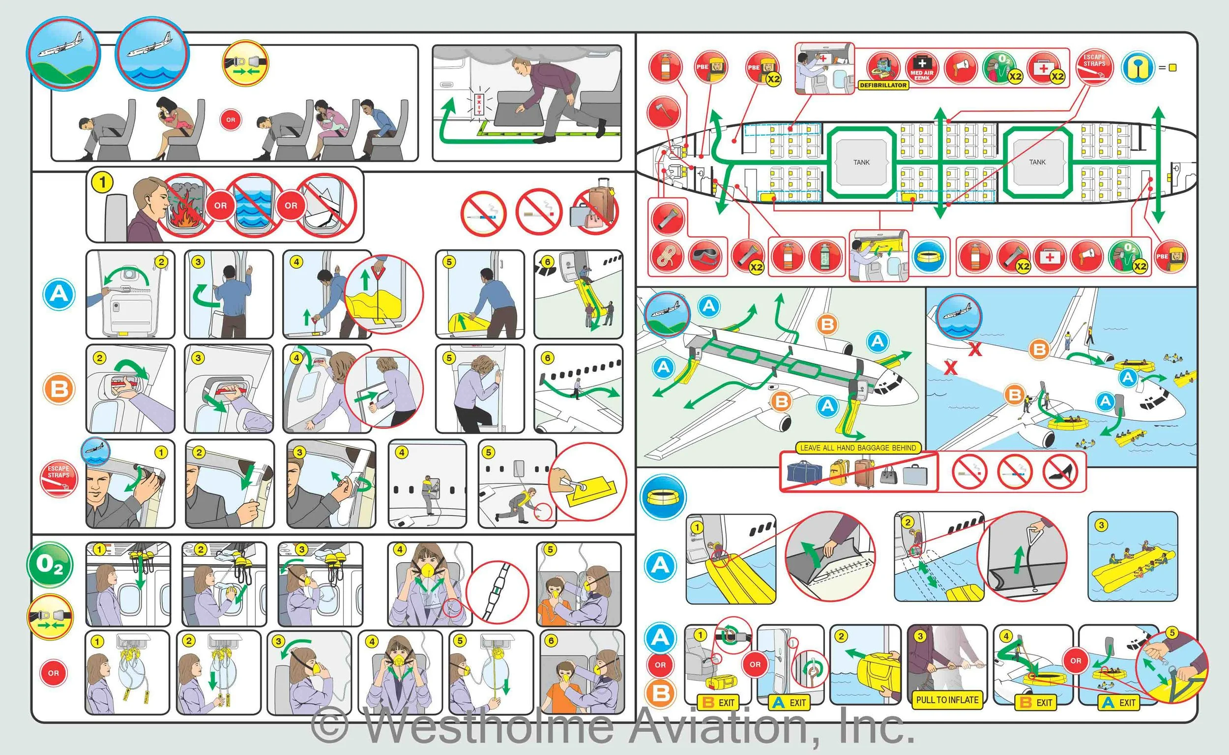 Infographics illustrating emergency procedures for aircraft. It shows steps for evacuating through different routes, using safety equipment, like oxygen masks, life vests, life rafts and fire extinguishers.