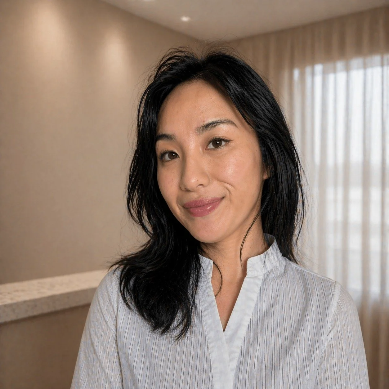 A smiling woman named Mori By Nina that is the first MoriTint specialist in los angeles (LA) with medium-length black hair and light makeup, wearing a white striped blouse, standing in a room with beige walls and sheer curtains.