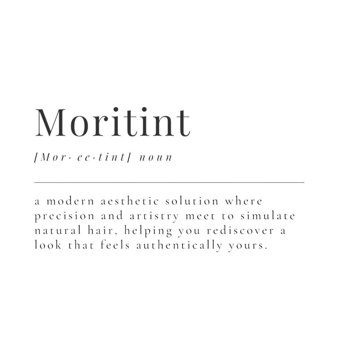 A black background with the word "Morint" written in large, stylized white font, and a phonetic pronunciation underneath. Below a horizontal line, there is a definition that reads: "a modern aesthetic solution where precision and artistry meet to simulate natural hair, helping you rediscover a look that feels authentically yours."