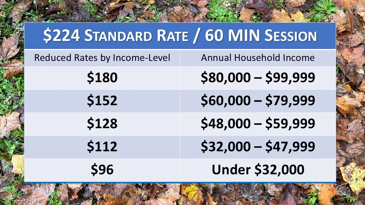 A chart showing reduced rates for therapy sessions based on household income. The rates range from $96 to $180, and the income levels from under $32,000 to $99,999.