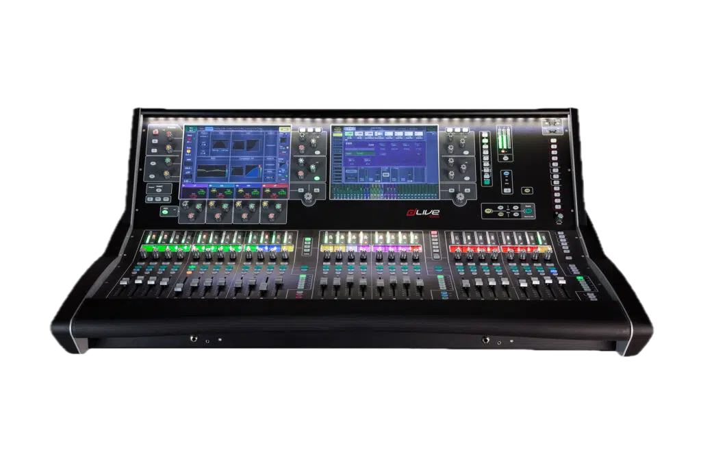 Rear view of a Yamaha DM7 Compact digital mixing console showing various input and output ports, power supply, and ventilation fans.