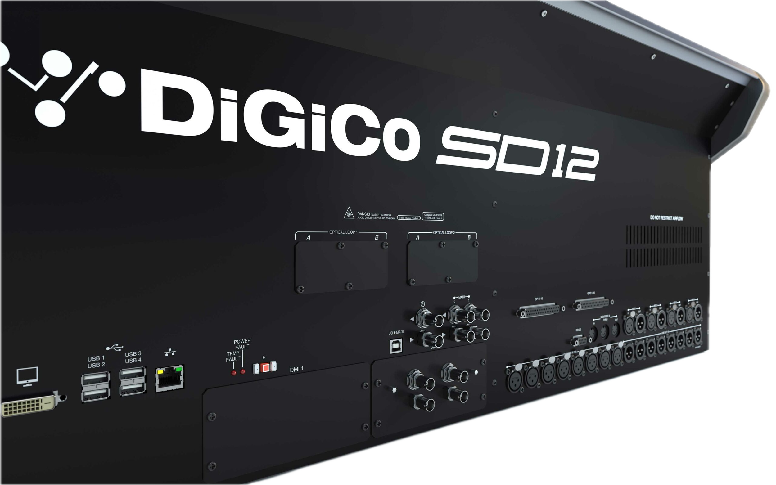 Back view of a DigiCo SD12 digital audio mixing console showing various ports and connectors, including USB ports, XLR inputs, and control panels.