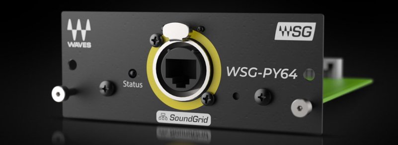 Close-up of audio equipment module labeled WSG-PY64 from Waves, featuring an Ethernet port, status indicator, and mounting brackets.