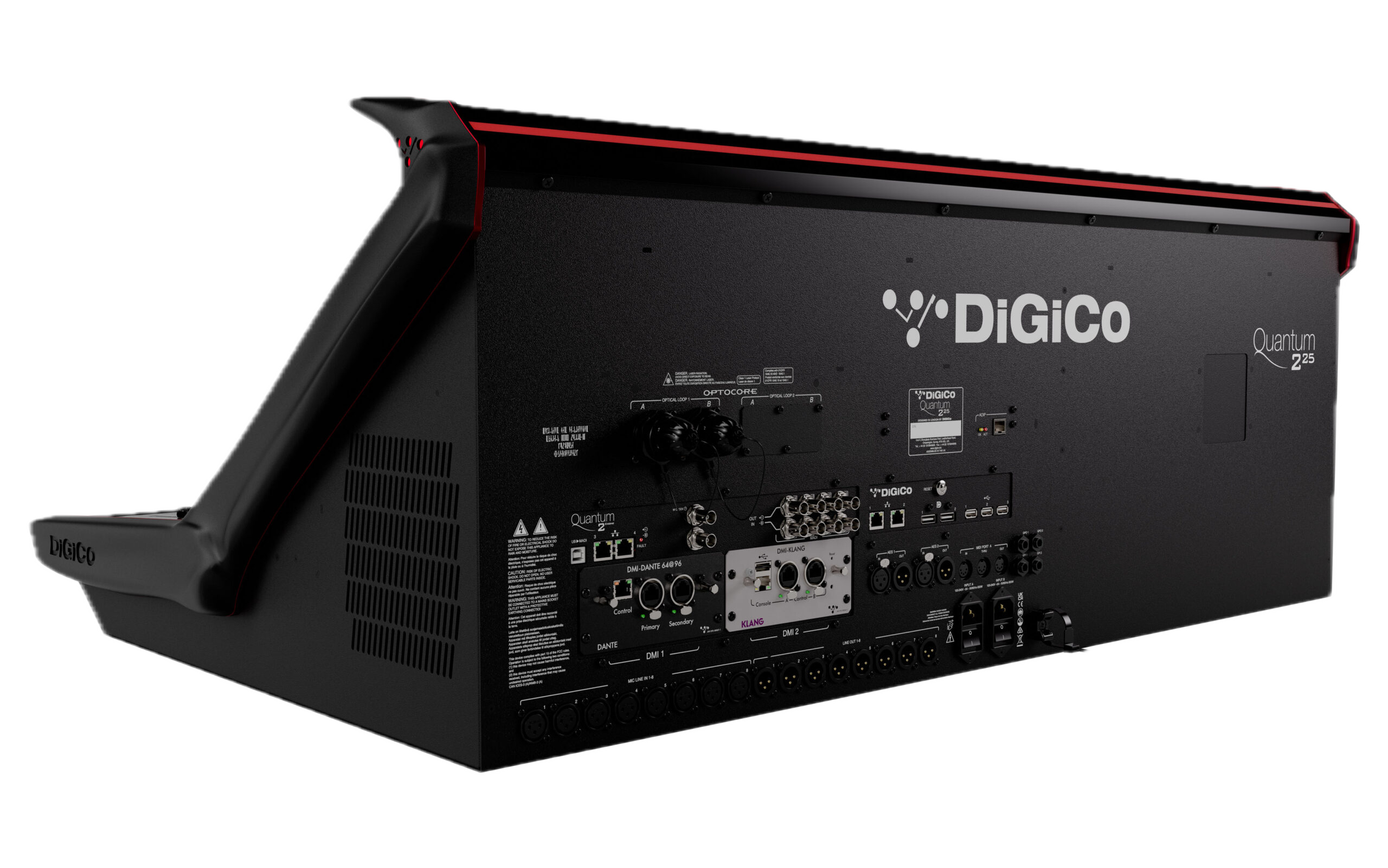 Back of a Behringer DiGiCo Quantum 225 audio mixing console with various input/output ports and controls.