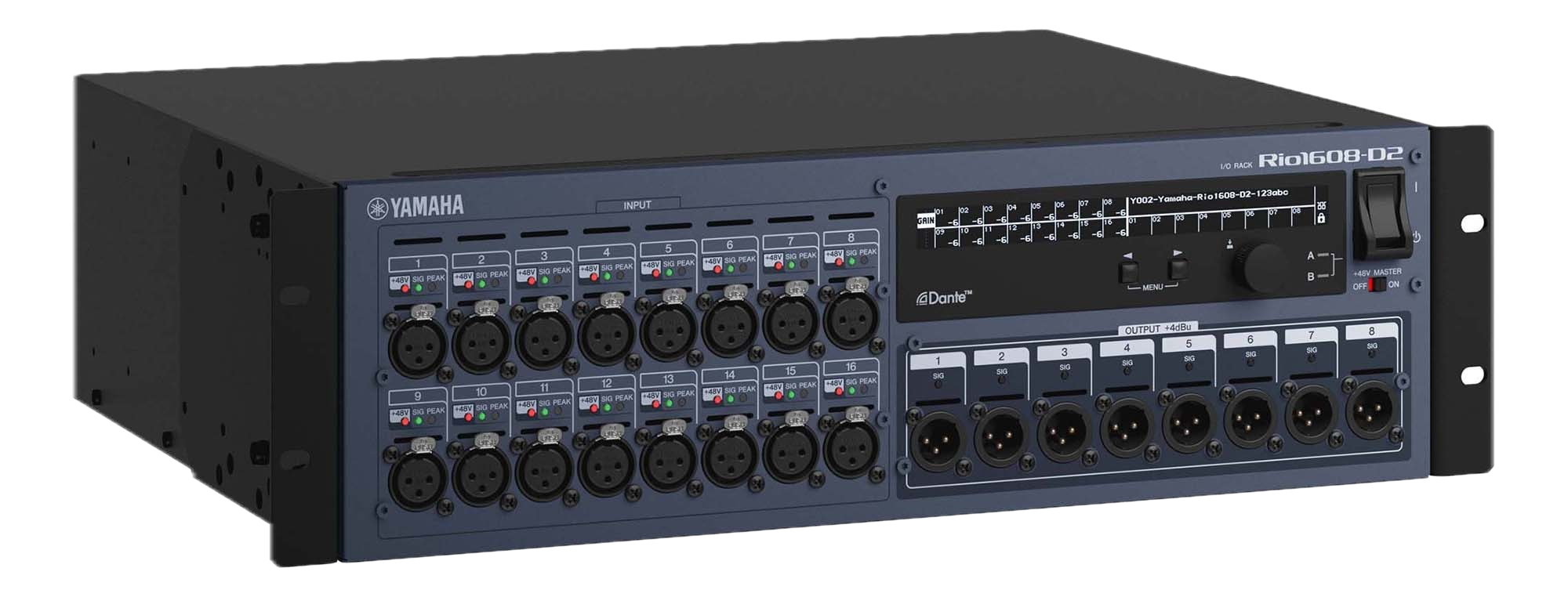 A Yamaha Rio 1608-D2 audio AD/DA converter and routing unit with various input and output channels, control knobs, and indicator LEDs.