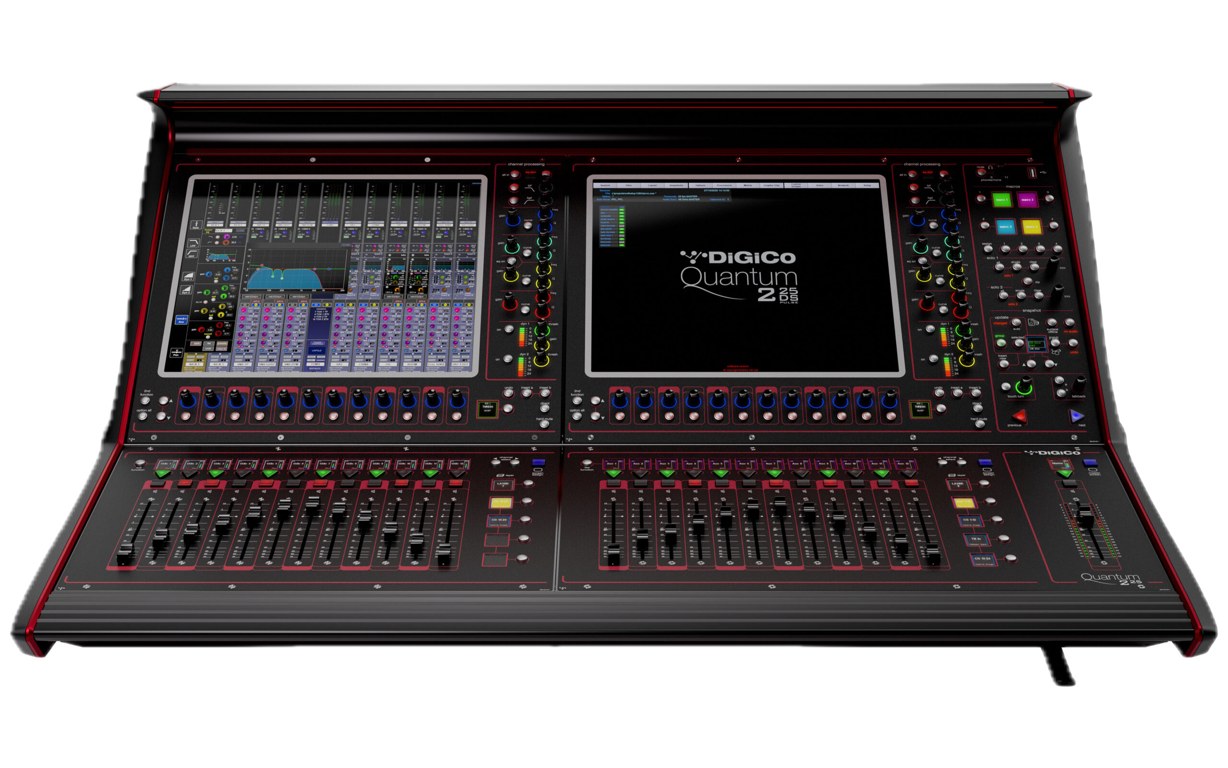A professional digital audio mixing console with multiple faders, knobs, and a central touch screen display.