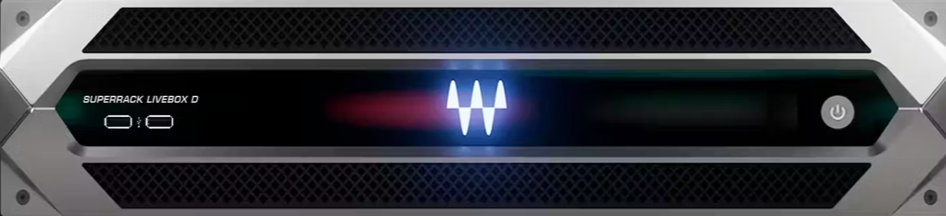 A digital audio workstation device labeled 'Superrack Livebox D' with a power button on the right, a glowing logo in the center, and two small icons on the left side.