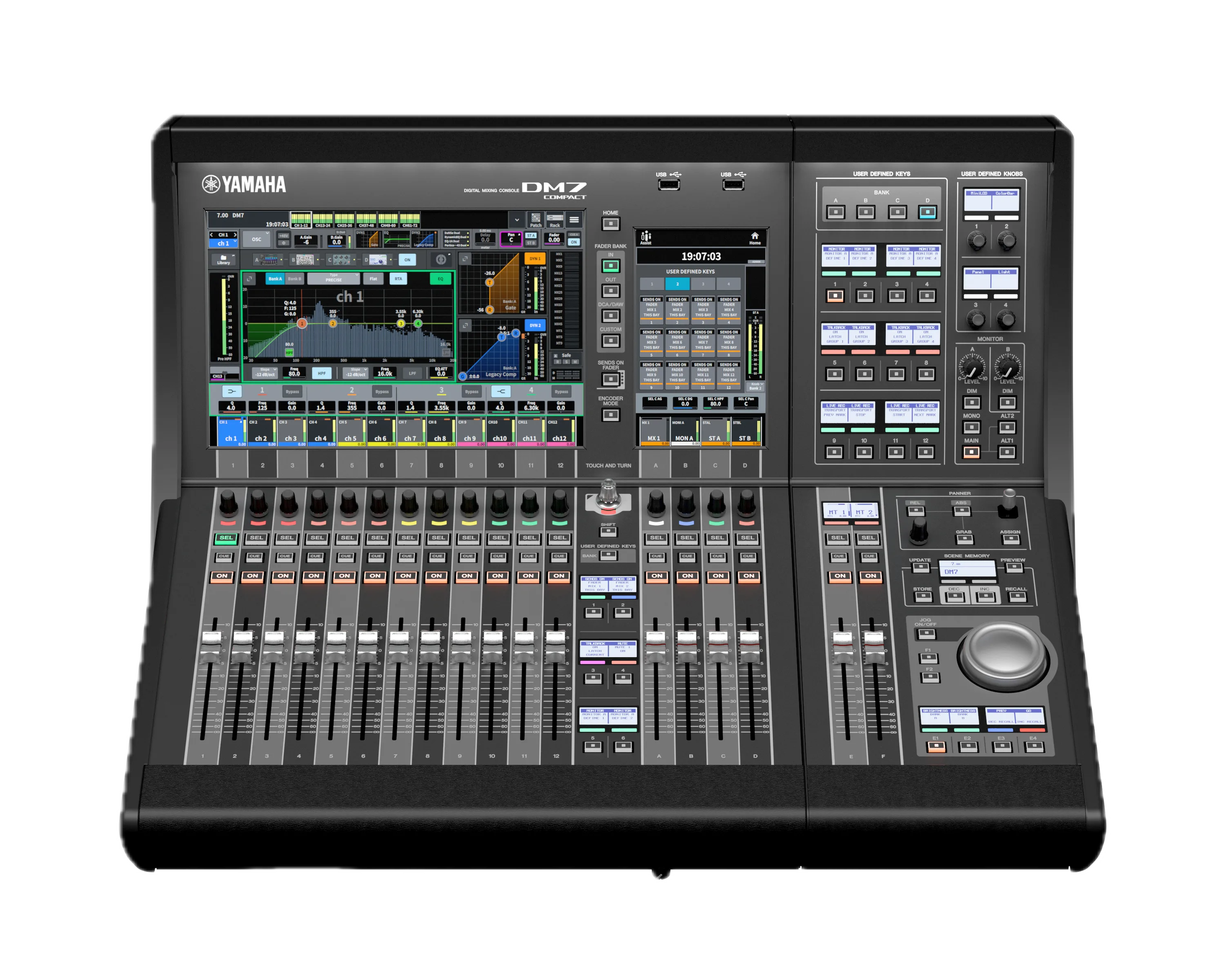 Digital audio mixing console with colorful controls and two screens, branded Yamaha DM7, on a black background.