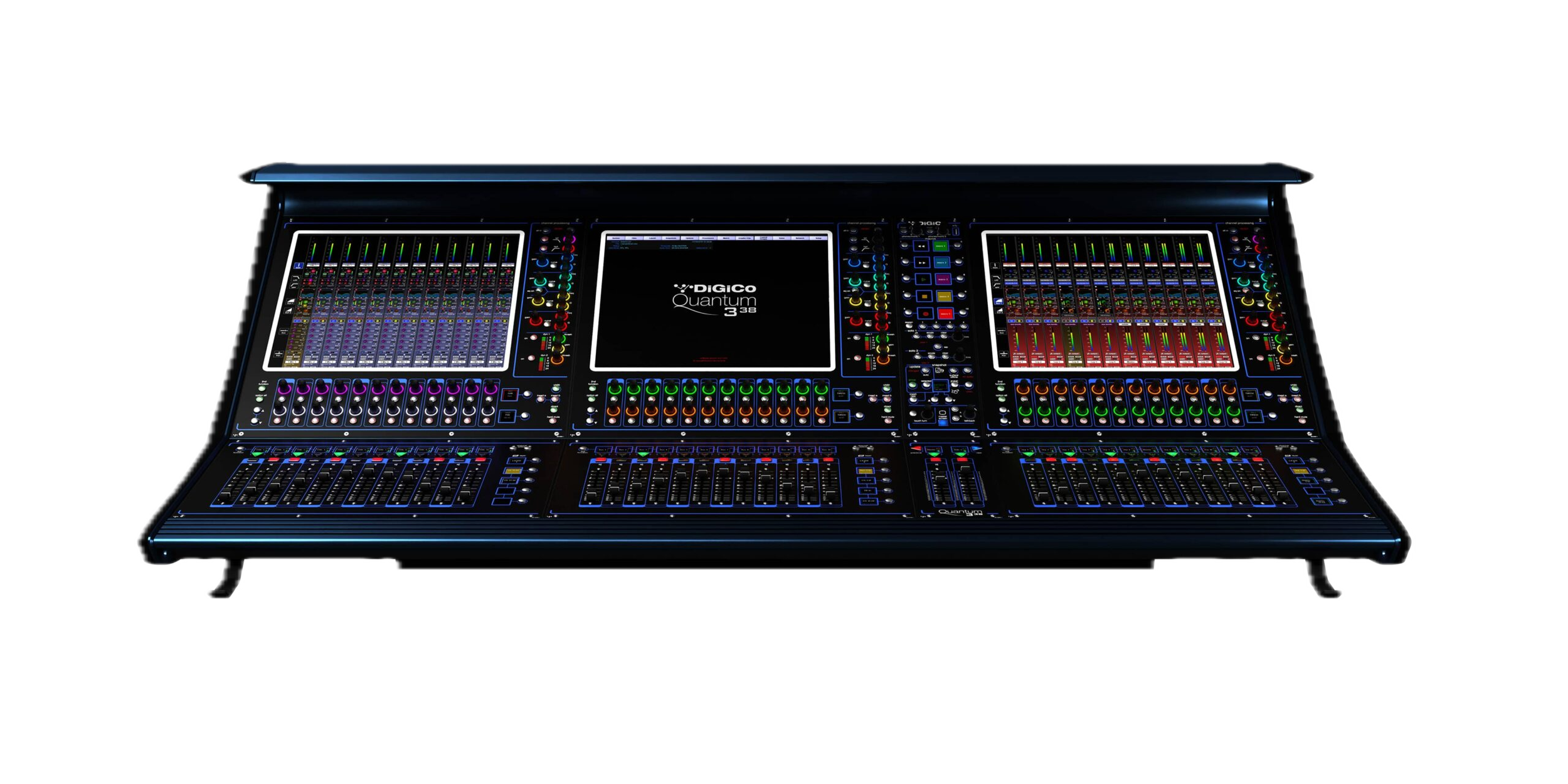 Digico 338 audio mixing console with numerous sliders, knobs, and colorful controls on a black background.