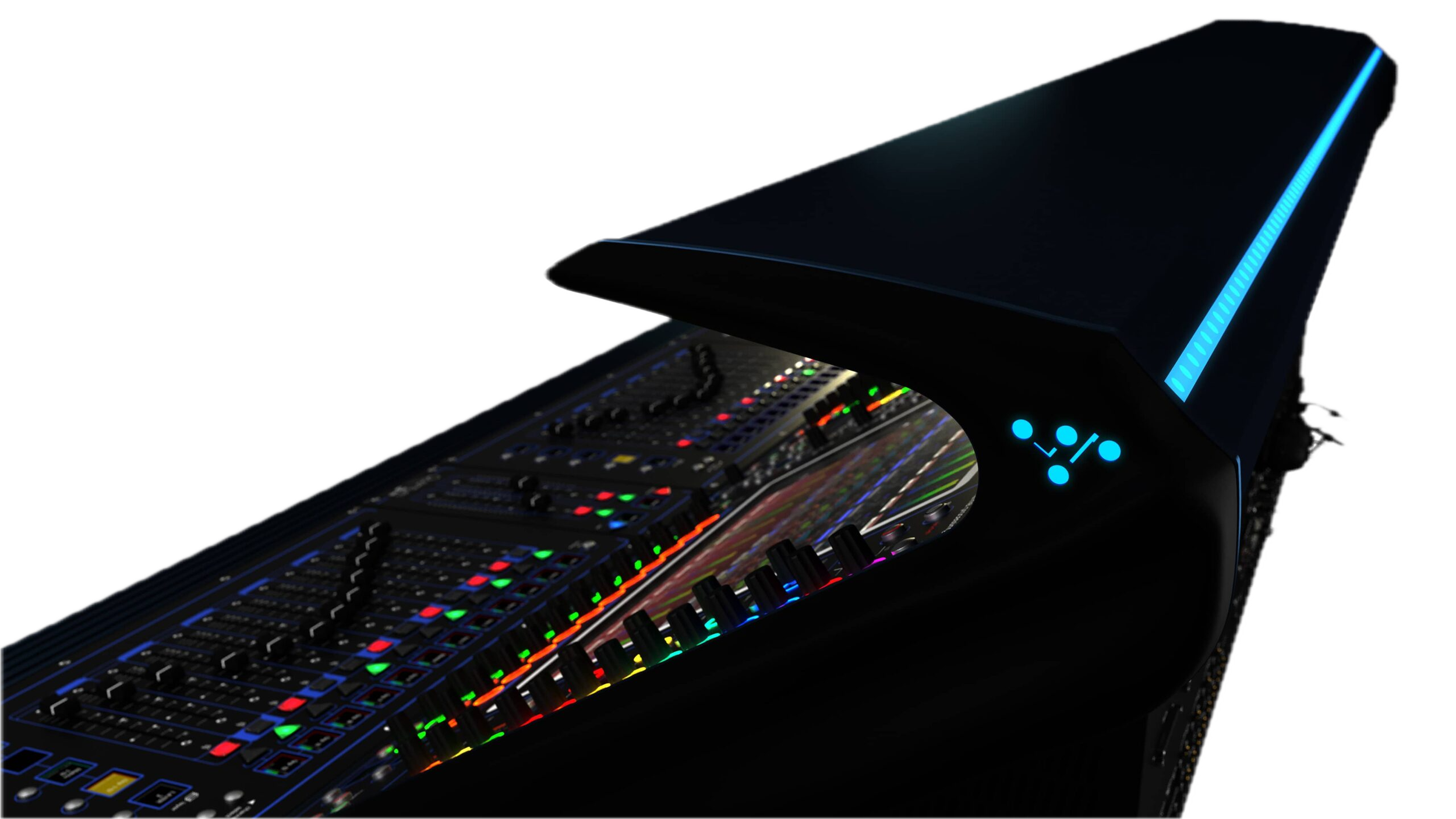 A futuristic digital audio mixing console with multicolored lighting and a sleek curved black structure.
