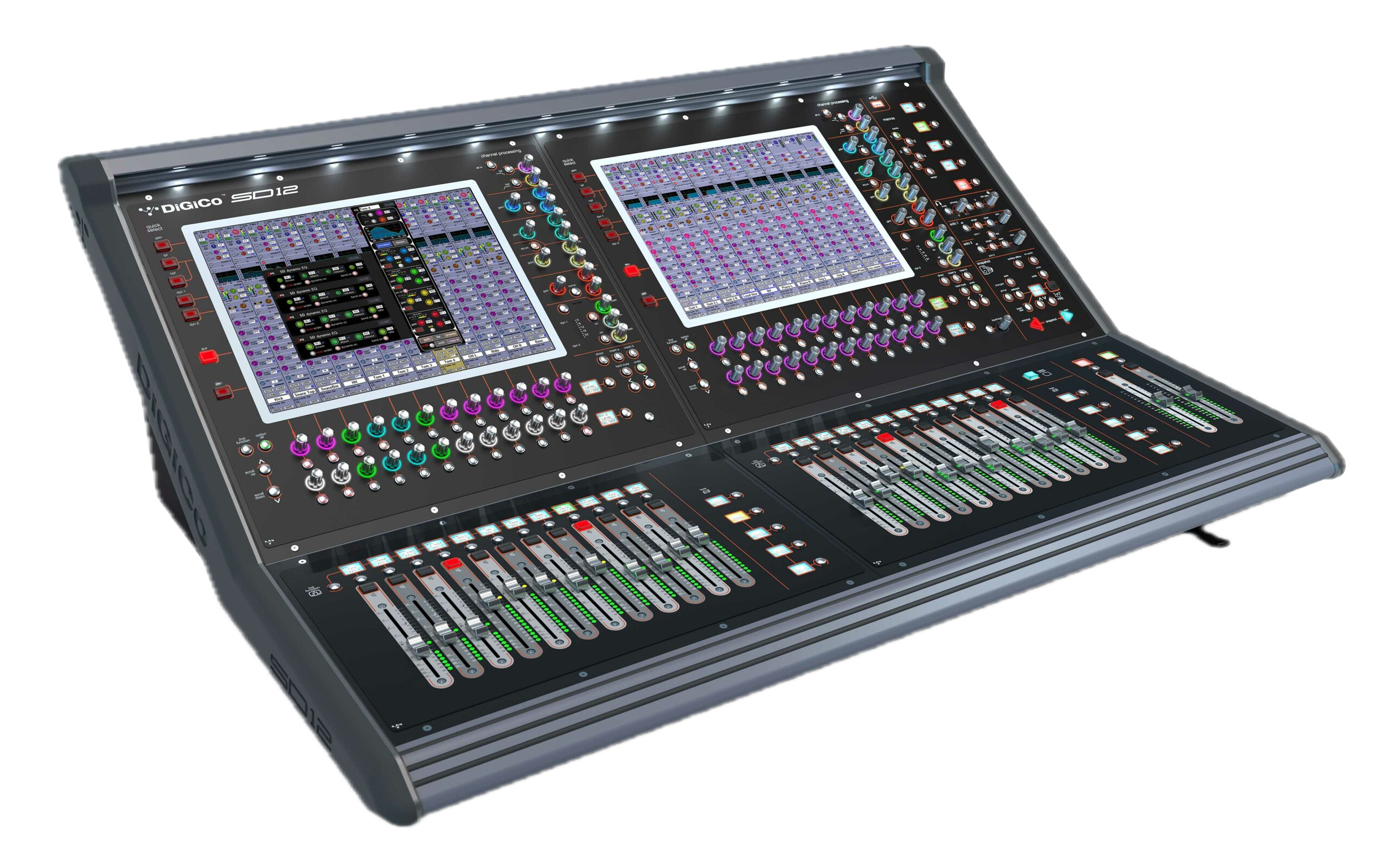 Digital audio mixing console with illuminated faders, knobs, and screens