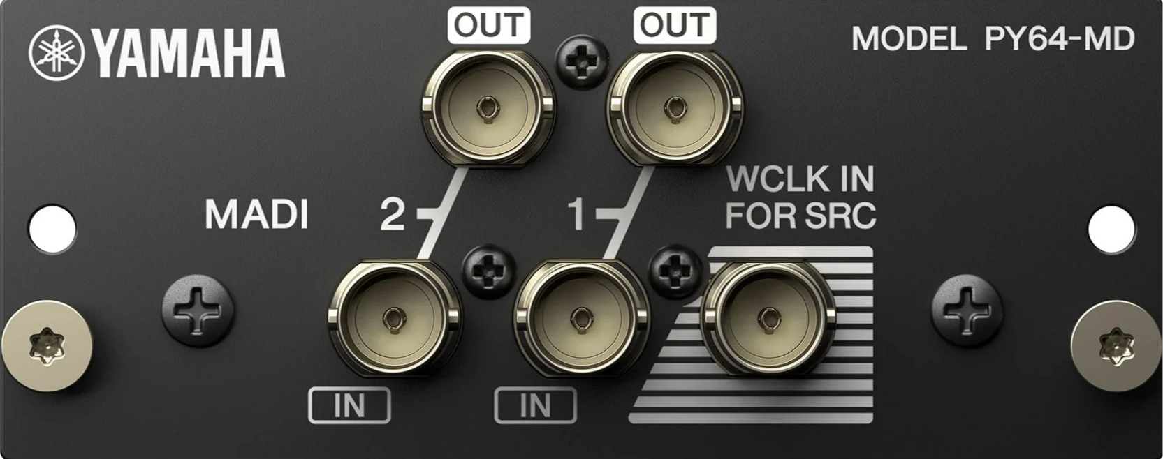 Yamaha audio device model PY64-MD with output and input ports, labeled 'OUT', 'MADI', 'IN', and 'WCLK IN FOR SRC'.
