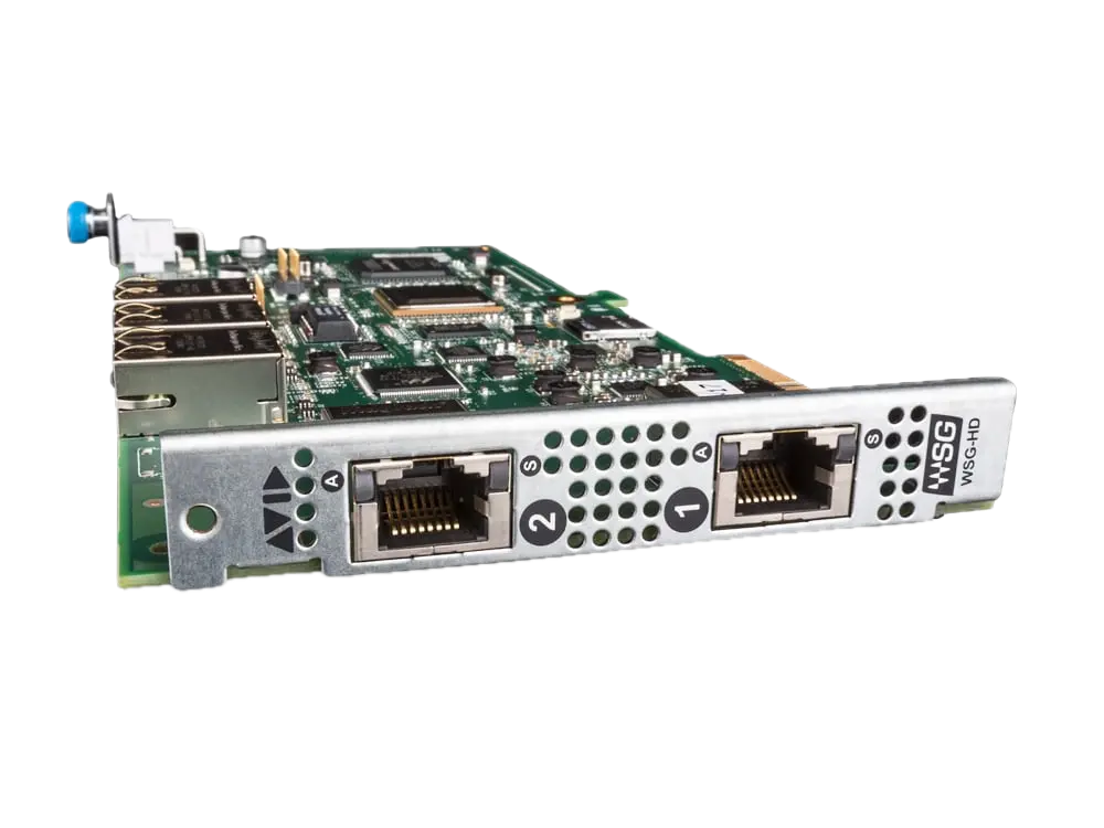 A circuit board with two Ethernet ports, labeled 1 and 2, and a metal bracket with some holes and markings.