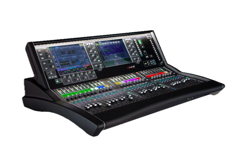Digital Yamaha sound mixing console with multiple faders, knobs, and screens.