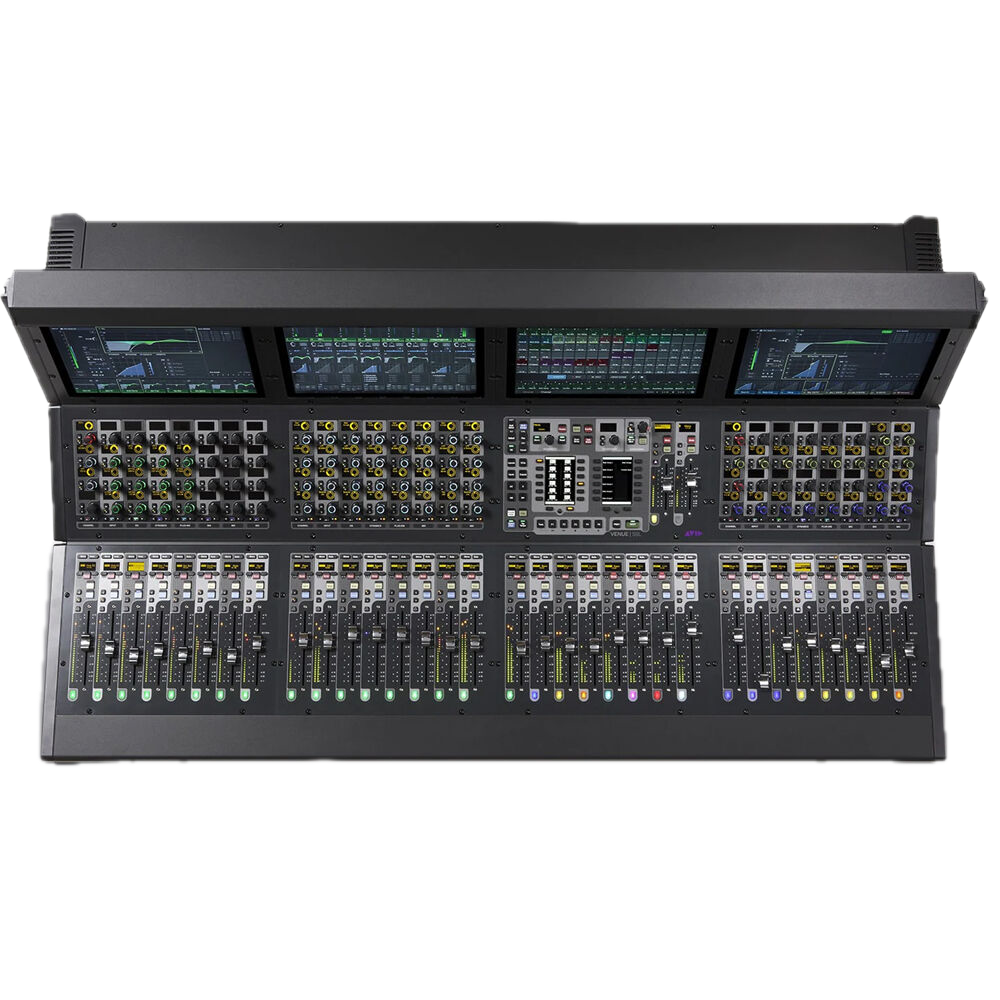 Avid s6L audio mixing console with multiple faders, knobs, and digital screens.