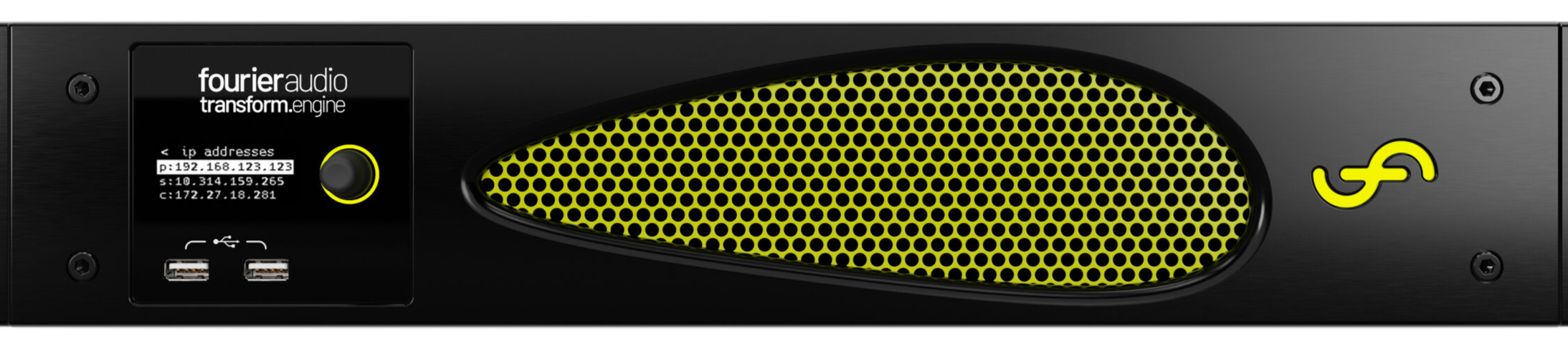 A black audio processing device with a yellow grille, two USB ports, a small screen displaying IP addresses, and a yellow logo on the right side.