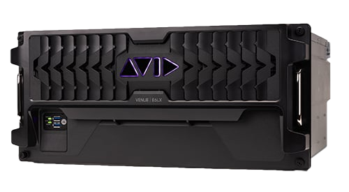 A large Avid VENUE audio engine with a black design and purple logo.
