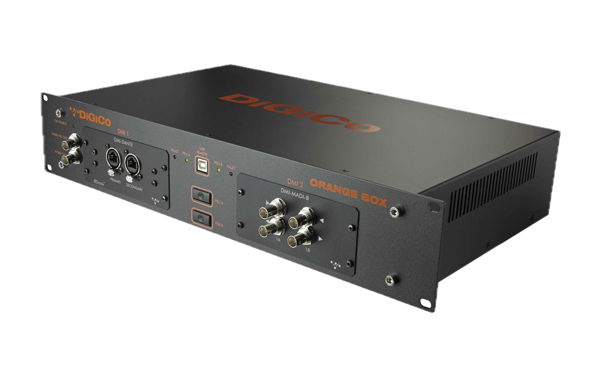 Black electronic device with multiple ports, labeled Digico DMI 1 and DMI 2, and orange text 'Orange Box', used for audio or video signal processing.