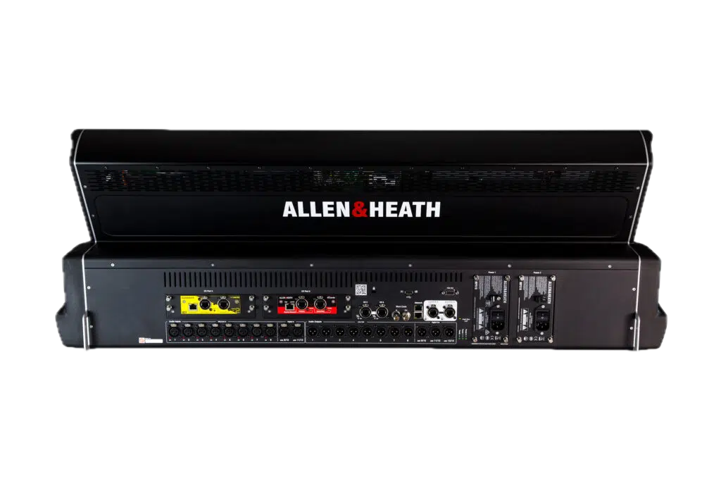 Digital audio mixing console with colorful controls and two screens, branded Yamaha DM7, on a black background.