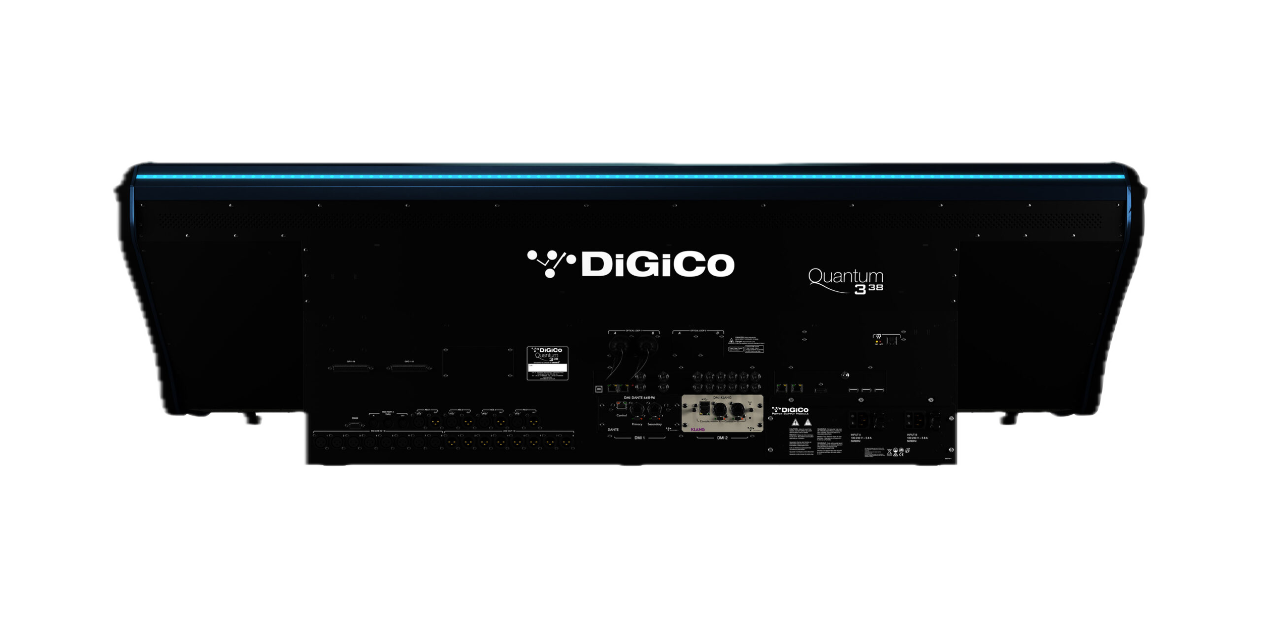 Back view of a large black audio equipment unit with various input and output ports, cables connected, and the brands 'DiGiCo' and 'Quantum 338' labeled on it.