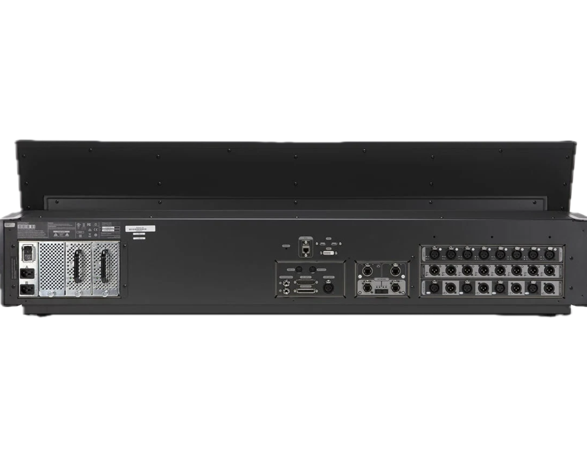 Rear view of a large avid s6l console showing various ports, connectors, and power inputs.