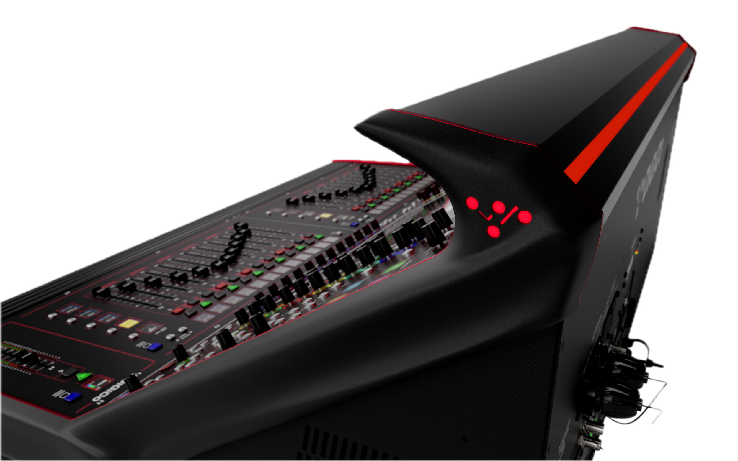A professional audio mixing console with numerous sliders, knobs, and controls, featuring a sleek black design with red accents and illuminated buttons.