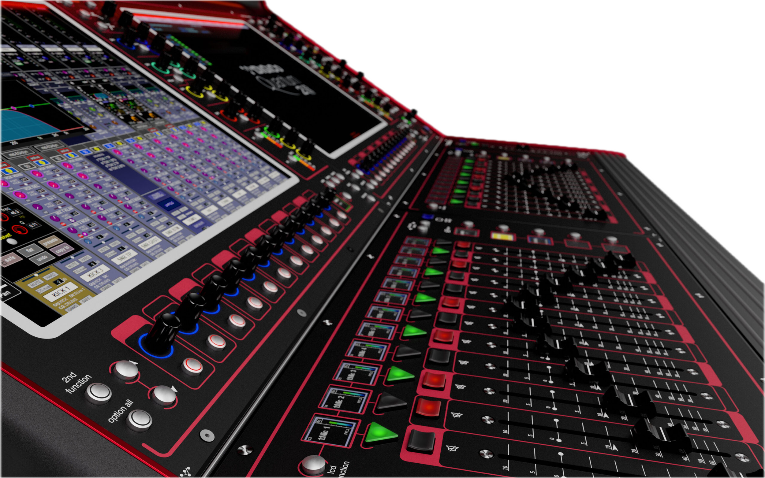 Close-up of a professional audio mixing console with faders, knobs, and digital displays.