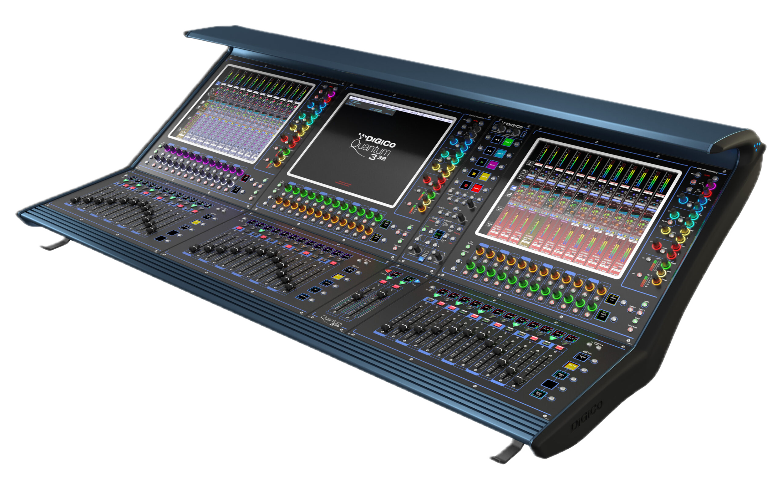 Digico 338 audio mixing console with colorful faders and knobs, brand Digico, used in sound engineering for live or studio audio.