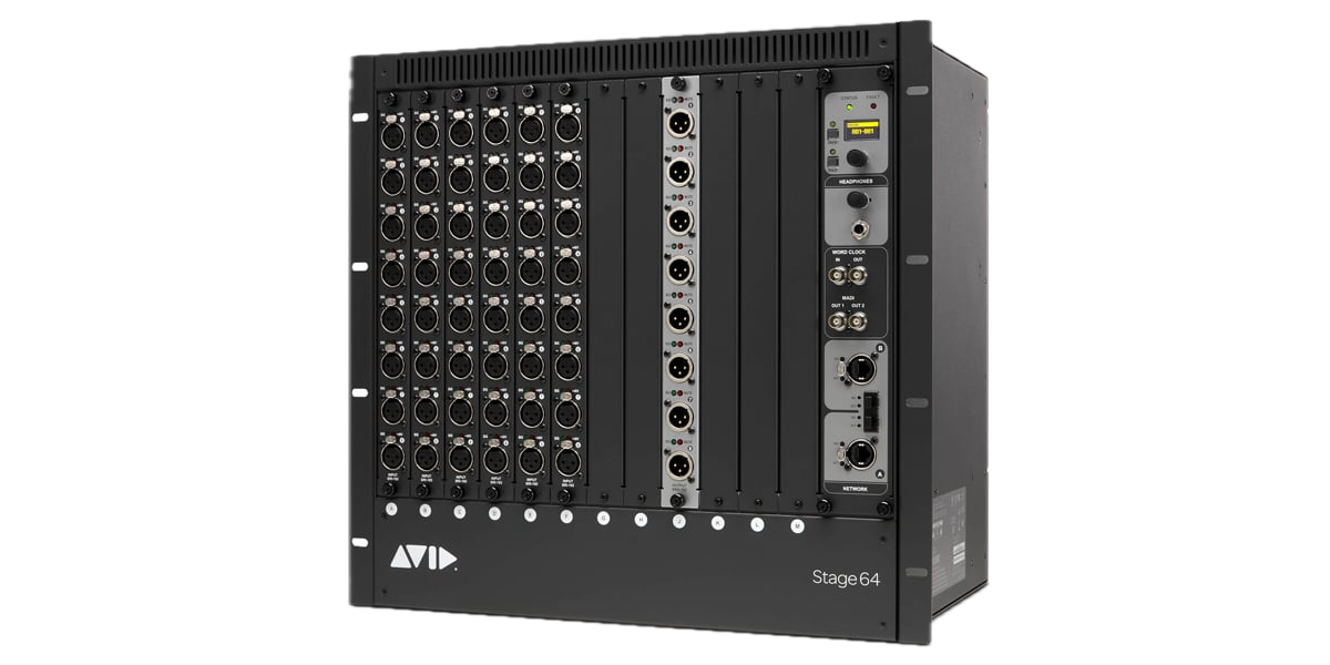 Audio mixing and routing equipment with multiple input/output ports, control knobs, and digital display, labeled 'Stage64' by Avid.