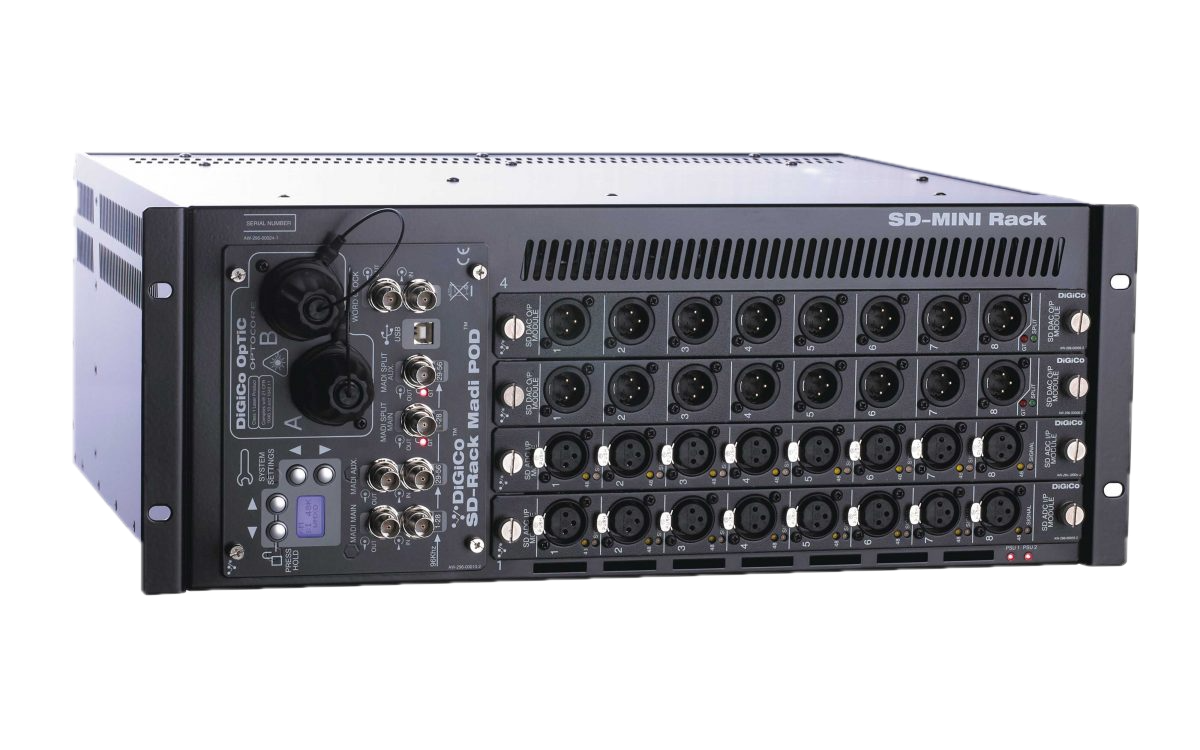 Audio mixing rack with multiple input channels, knobs, and connectors for audio equipment.