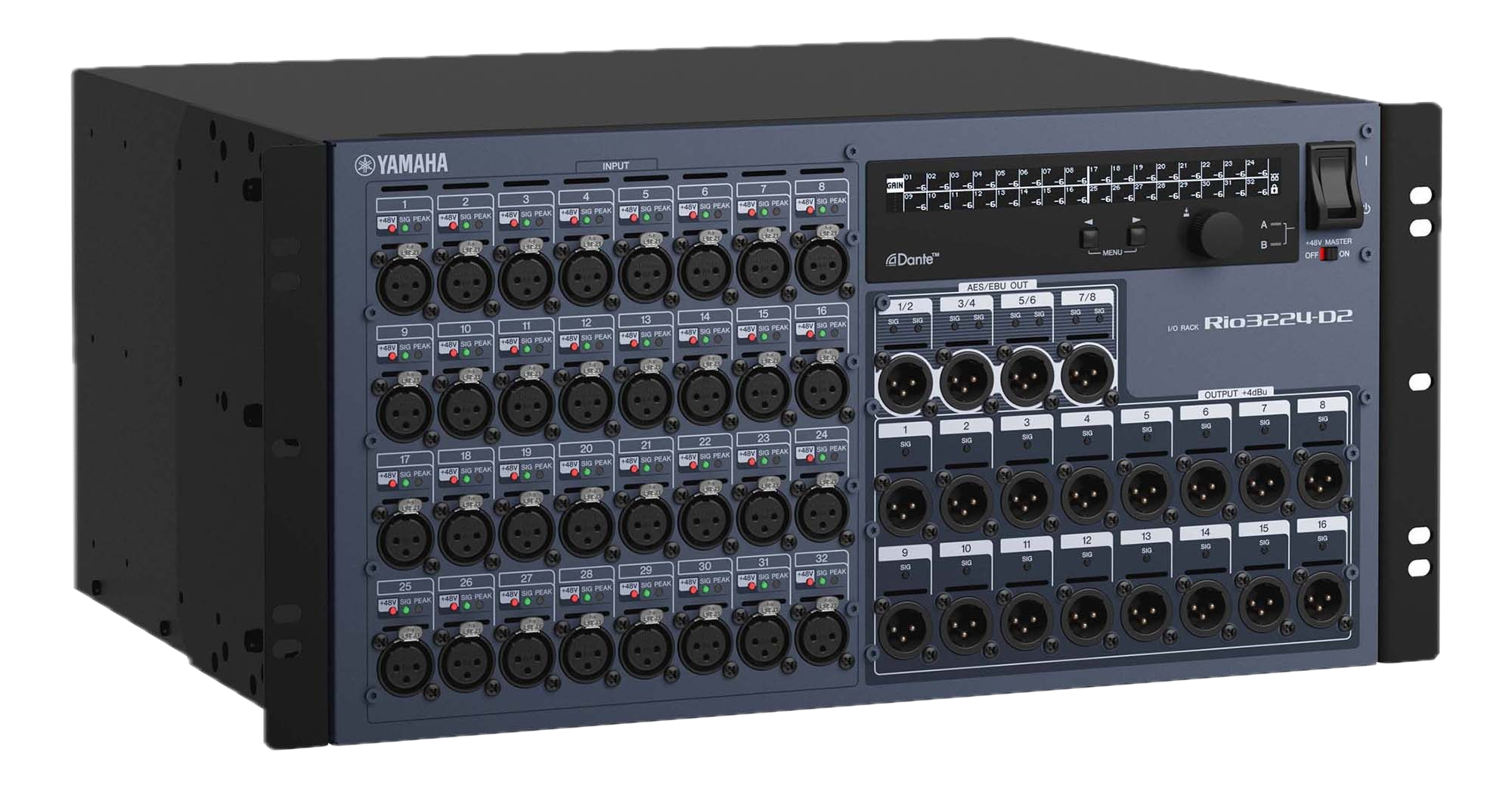 A Yamaha Rio3224-D2 audio mixer rack with multiple input and output connections, knobs, and switches.
