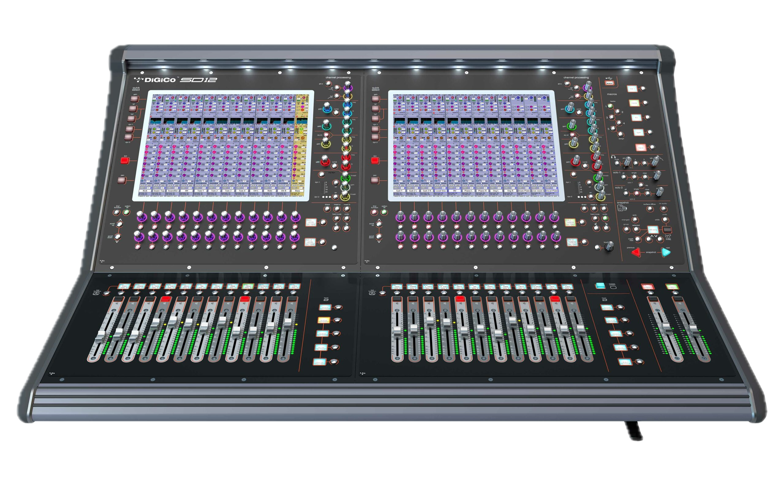 A digital audio mixing console with multiple faders, knobs, and LED indicators, used for sound mixing and audio control.