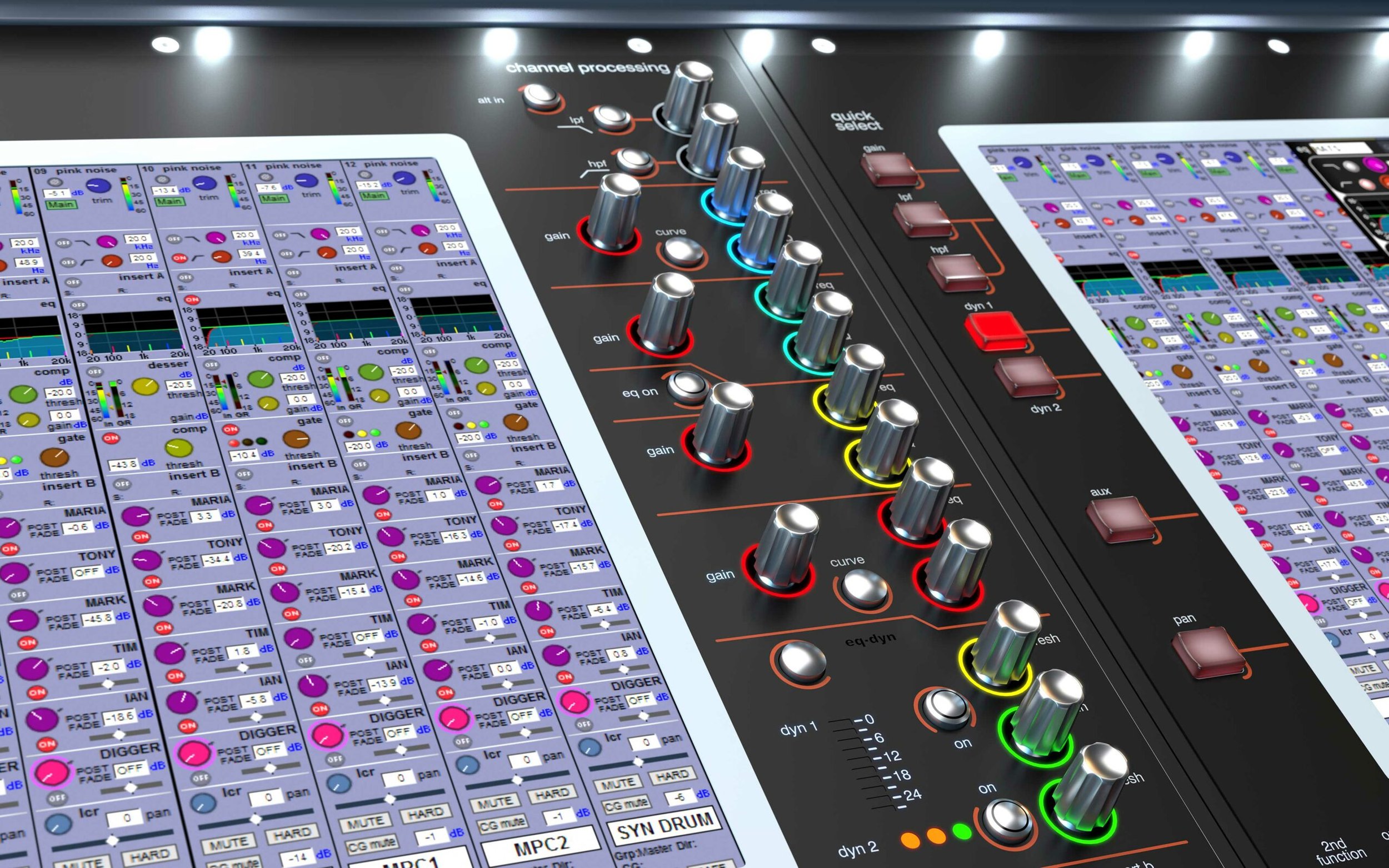 Close-up of a digital audio mixing console with colorful faders, knobs, and a touchscreen display showing audio levels and controls.