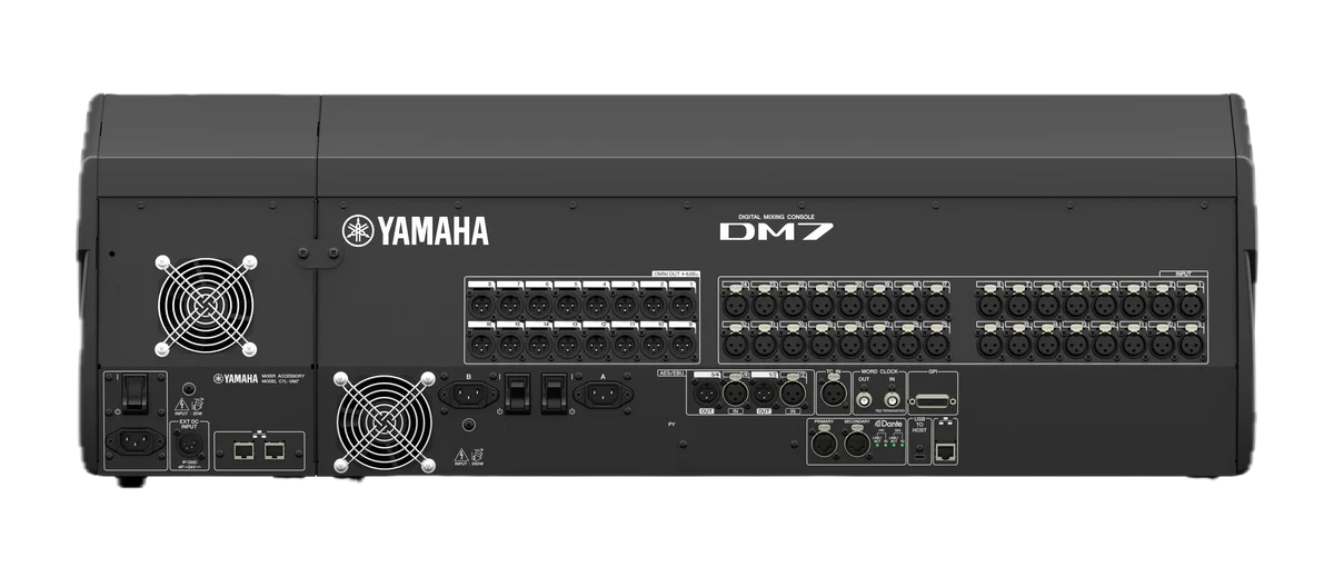 Yamaha DM7 digital mixing console showing various input and output ports on the back panel.
