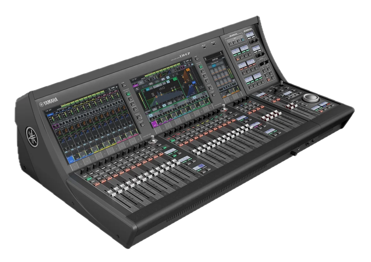 A Yamaha digital sound mixing console with multiple sliders, knobs, and two large touchscreens.