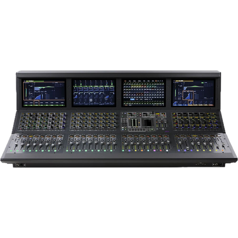 Digital audio mixing console with multiple screens and numerous controls.