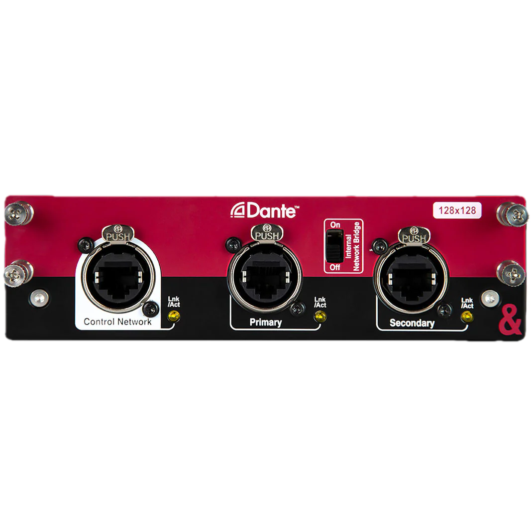 Close-up of Waves WSG-PY64 SoundGrid audio interface with black metal faceplate, Ethernet port, status indicator, and control knobs