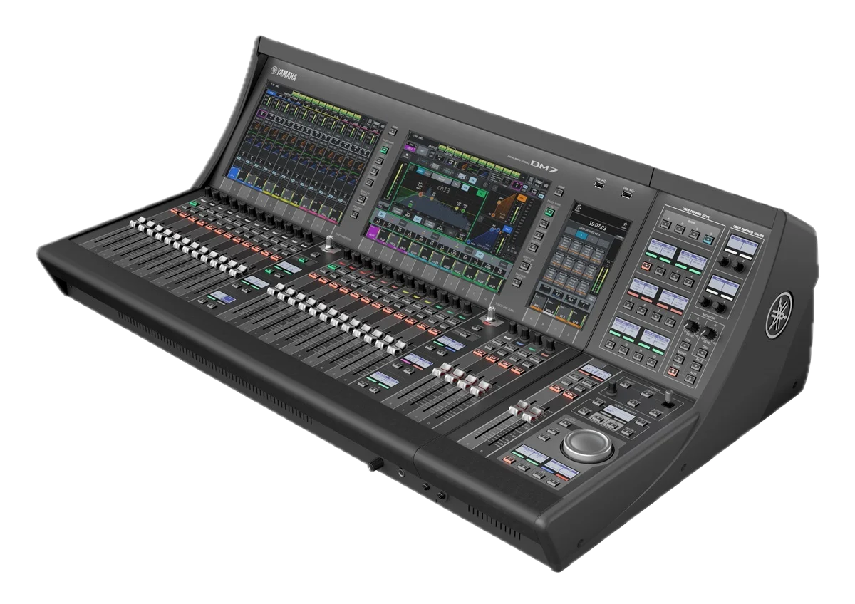 A professional digital audio mixing console with multiple faders, buttons, knobs, and digital screens.