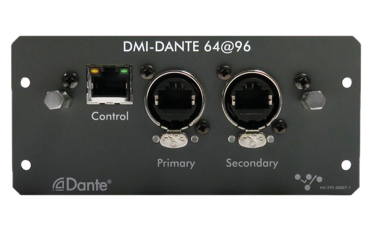 Dante control panel with one Ethernet port labeled 'Control' and two fiber optic ports labeled 'Primary' and 'Secondary,' with hexagonal nuts on each side, mounted on a dark panel.