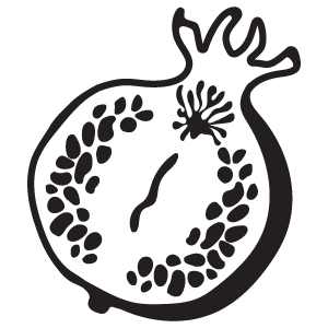 A minimalist line drawing of a pomegranate with an open seed layout.
