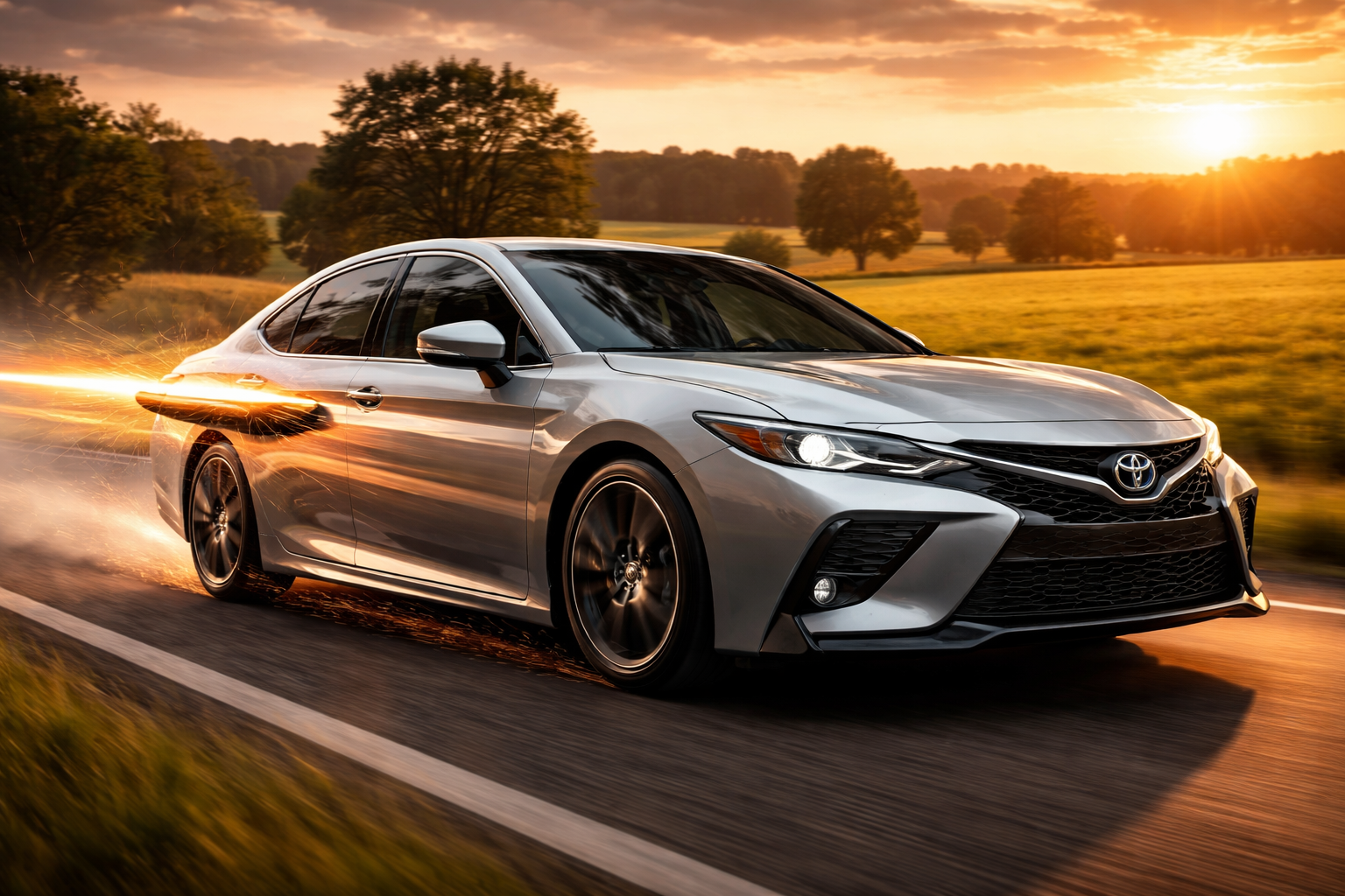 A silver Toyota sedan driving on a rural road during sunset, with motion blur and sparks behind the rear wheel.