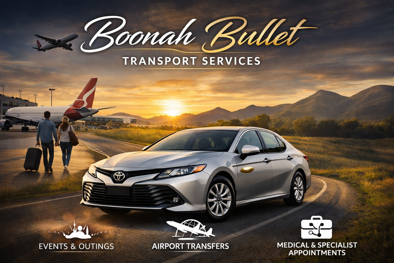 A promotional image for Boonah Bullet Transport Services featuring a silver Toyota sedan in the foreground, an airport with airplanes taking off and landing in the background, a sunset sky with mountains, and two travelers with a suitcase walking toward the airport. It highlights services like events and outings, airport transfers, and medical and specialist appointments.