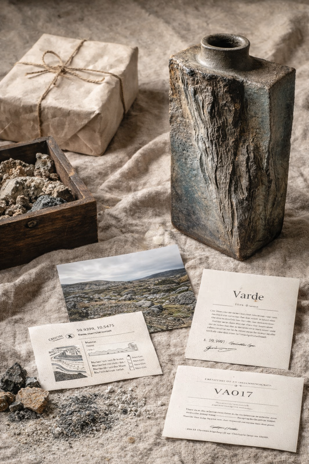 A rectangular ceramic vase with a textured, marbled surface on a beige cloth, next to a wrapped gift, a wooden box filled with rocks, a landscape photo, and various papers with handwritten notes and maps.