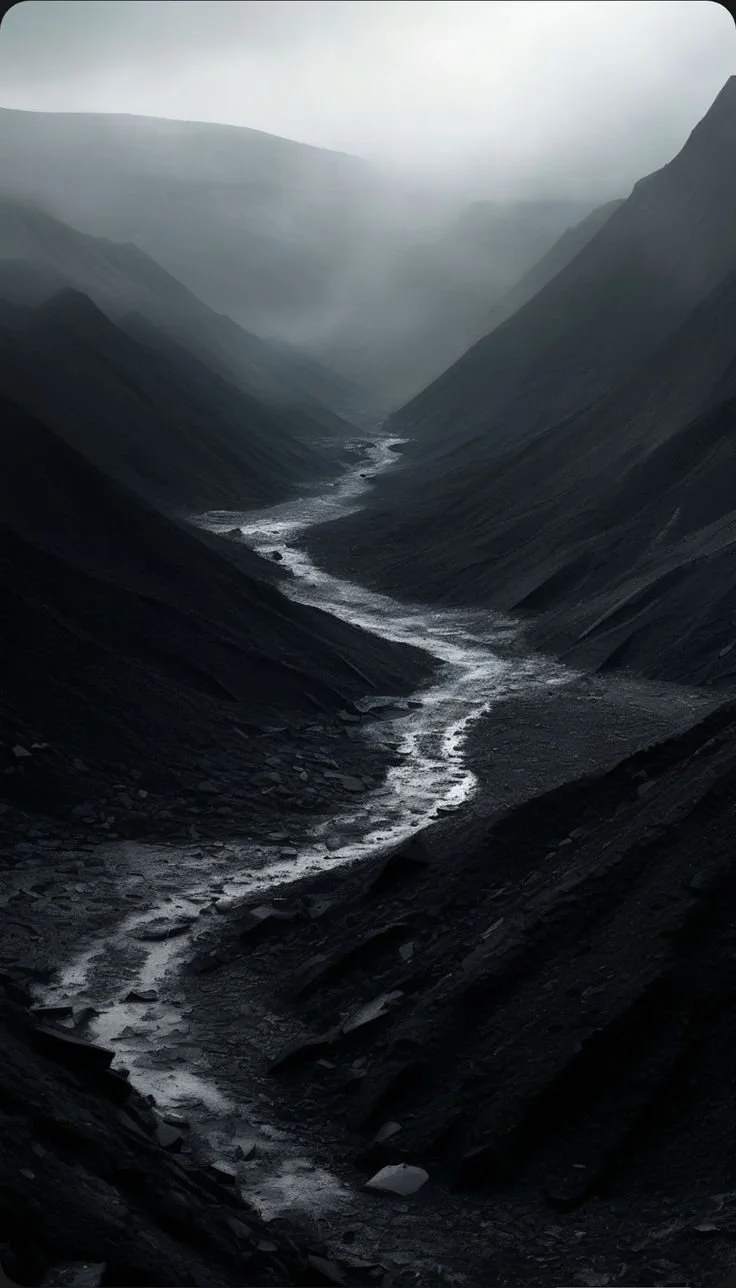 A dark, foggy mountain valley with a small river flowing through it.